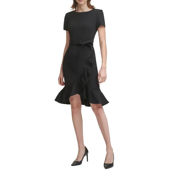 Calvin Klein Dresses & Skirts - Calvin Klein Womens Plus Size 22W Black Short Sleeve Tie Waist Ruffle‎ Hem Dress